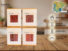 Ibérico Tasting Set Casa Íbera – 4 x 100 g Selección Gourmet aus Granada: Ibérico Qualität, langsame Naturreifung, salzreduziert, luftgetrocknet in der Höhe. Produktinfografik von La Tradición