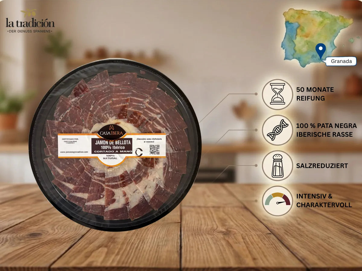 Jamón de Bellota 100% Pata Negra von Casa Íbera – handgeschnitten, 50 Monate gereift, salzreduziert, aus Granada. Produktinfografik von La Tradición