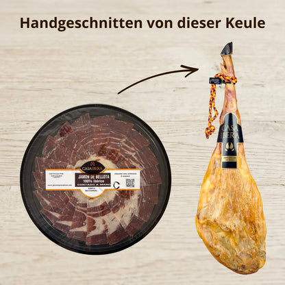 Jamón de Bellota 100% Ibérico von Casa Íbera – runde Präsentationsschale und ganze Keule im Vergleich, handgeschnitten, 50 Monate gereift