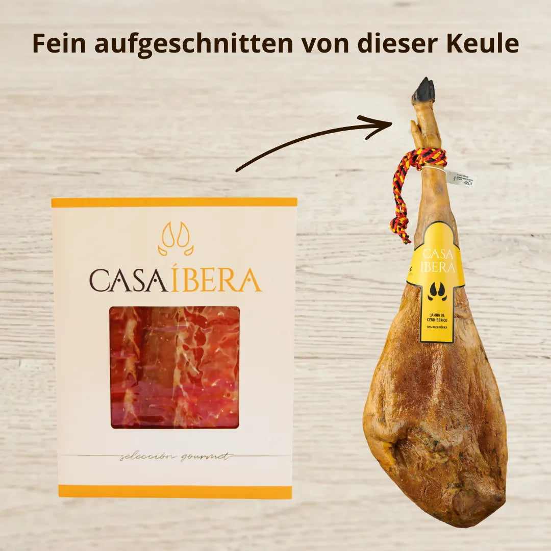 Jamón de Cebo Ibérico 50% von Casa Íbera – Giftbox und ganze Keule im Vergleich, handgeschnitten, 36 Monate gereift