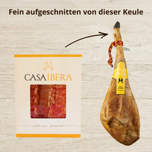 Jamón de Cebo Ibérico 50% von Casa Íbera – Giftbox und ganze Keule im Vergleich, handgeschnitten, 36 Monate gereift