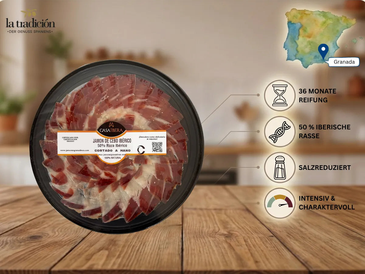 Jamón de Cebo Ibérico 50% von Casa Íbera – handgeschnitten, 36 Monate gereift, salzreduziert, aus Granada. Produktinfografik von La Tradición