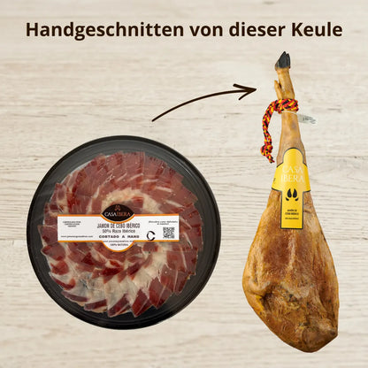 Jamón de Cebo Ibérico 50% von Casa Íbera – runde Präsentationsschale und ganze Keule im Vergleich, handgeschnitten, 36 Monate gereift