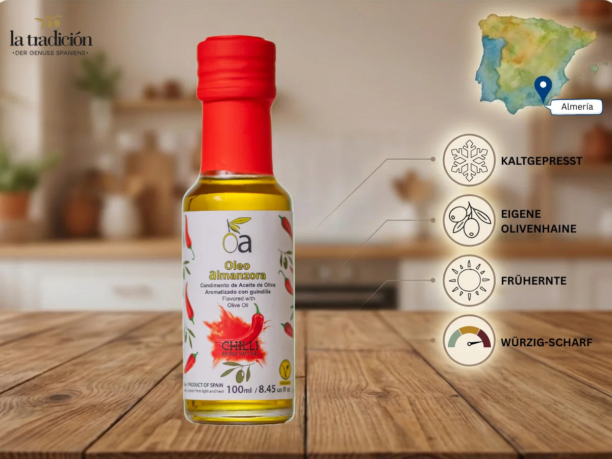 Aromatisiertes Olivenöl Arbequina Chili von Oleo Almanzora aus Almería – kaltgepresst, eigene Olivenhaine, Frühernte, würzig-scharf – La Tradición