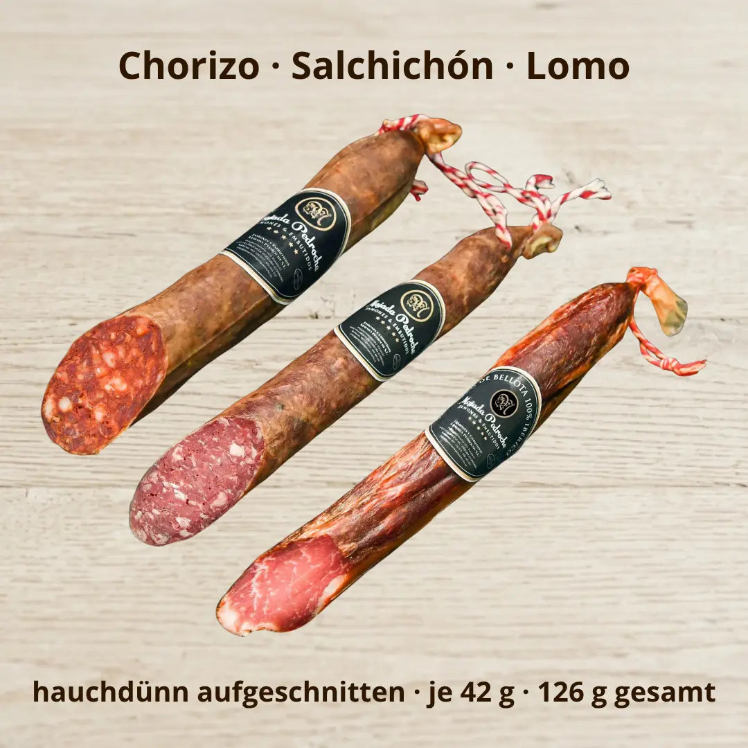 Chorizo Cular, Salchichón & Lomo de Bellota 100% Ibérico von Majada Pedroche, je 42 g hauchdünn aufgeschnitten