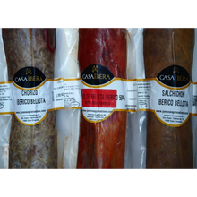 Etiketten von Chorizo Salchichon und Lomo Iberico de Bellota im Aufschnitt Set