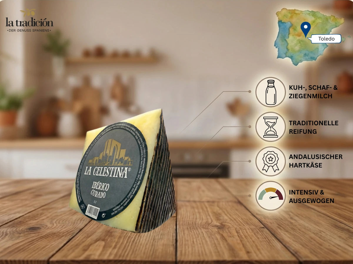 Ibérico Curado Käse von La Celestina – Kuh-, Schaf- & Ziegenmilch, traditionelle Reifung, andalusischer Hartkäse aus Toledo – La Tradición