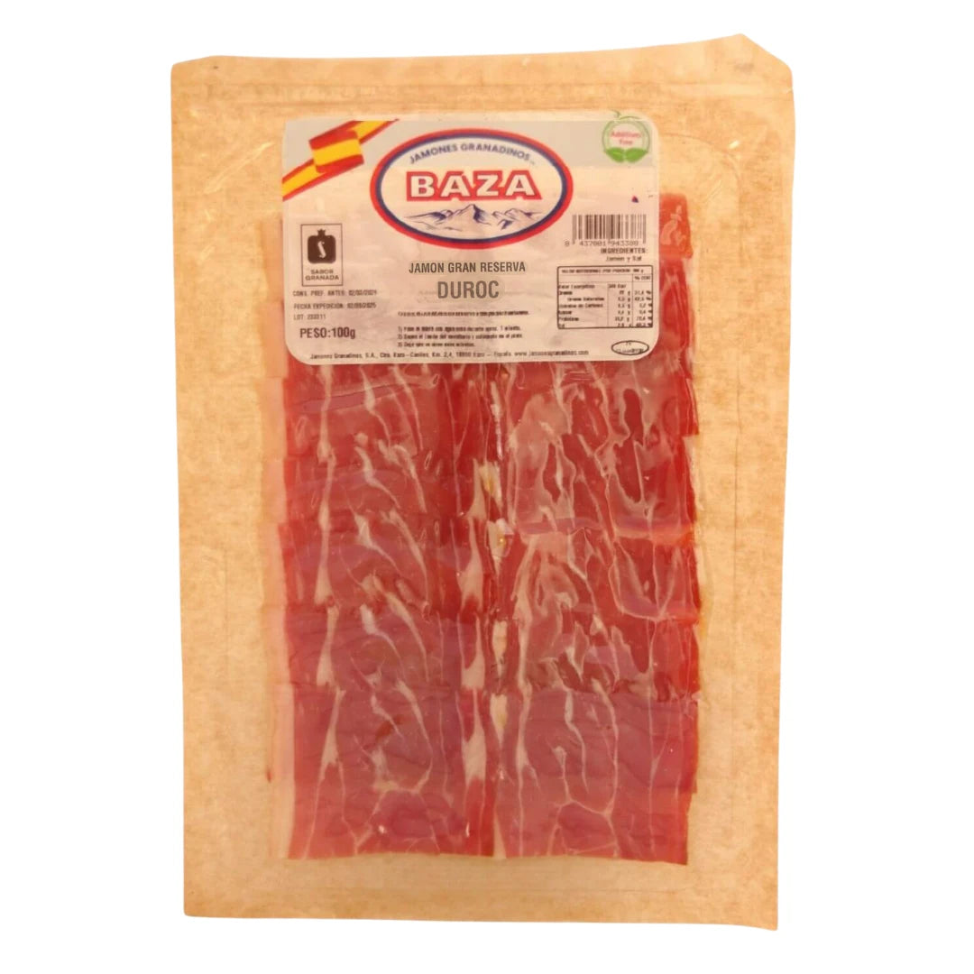 Jamón Duroc Gran Reserva von Jamones Granadinos Baza, aufgeschnitten und vakuumverpackt, 100 g, ohne Zusatzstoffe, aus Granada, Andalusien