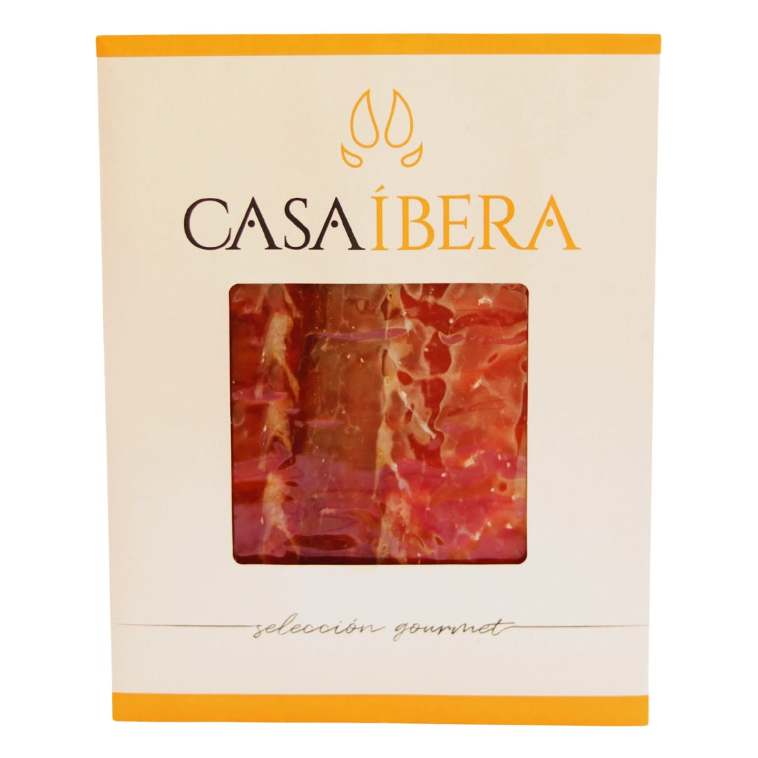 Jamón Ibérico de Cebo, hauchdünn aufgeschnitten, in eleganter Geschenkbox von Casa Íbera Selección Gourmet – iberischer Schinken, vakuumverpackt