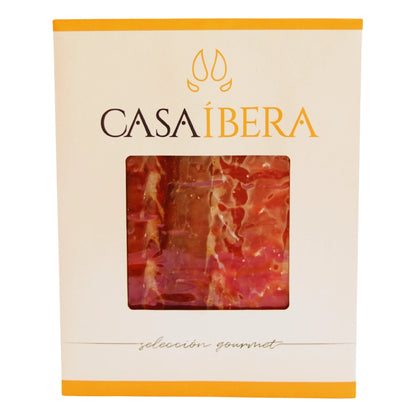 Jamón Ibérico de Cebo, hauchdünn aufgeschnitten, in eleganter Geschenkbox von Casa Íbera Selección Gourmet – iberischer Schinken, vakuumverpackt