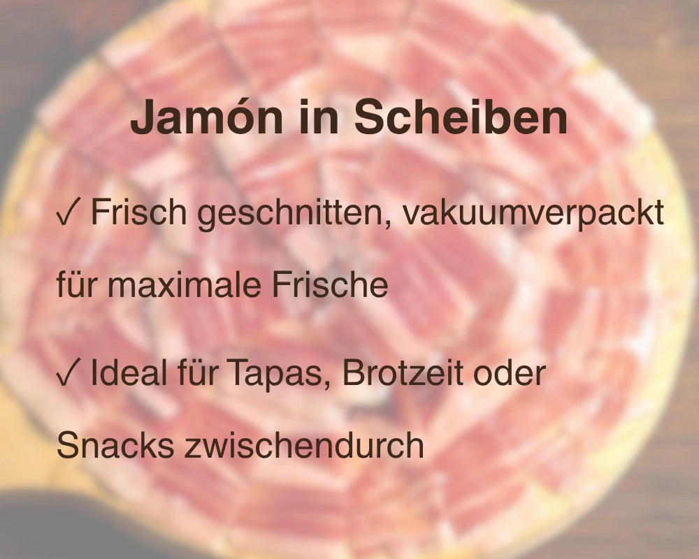 Jamón in Scheiben: Frisch geschnitten, vakuumverpackt für maximale Frische, ideal für Tapas und Brotzeit – La Tradición