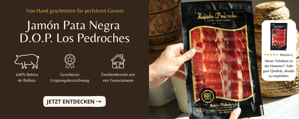 Jamon Pata Negra DOP Los Pedroches handgeschnitten in Scheiben vakuumverpackt
