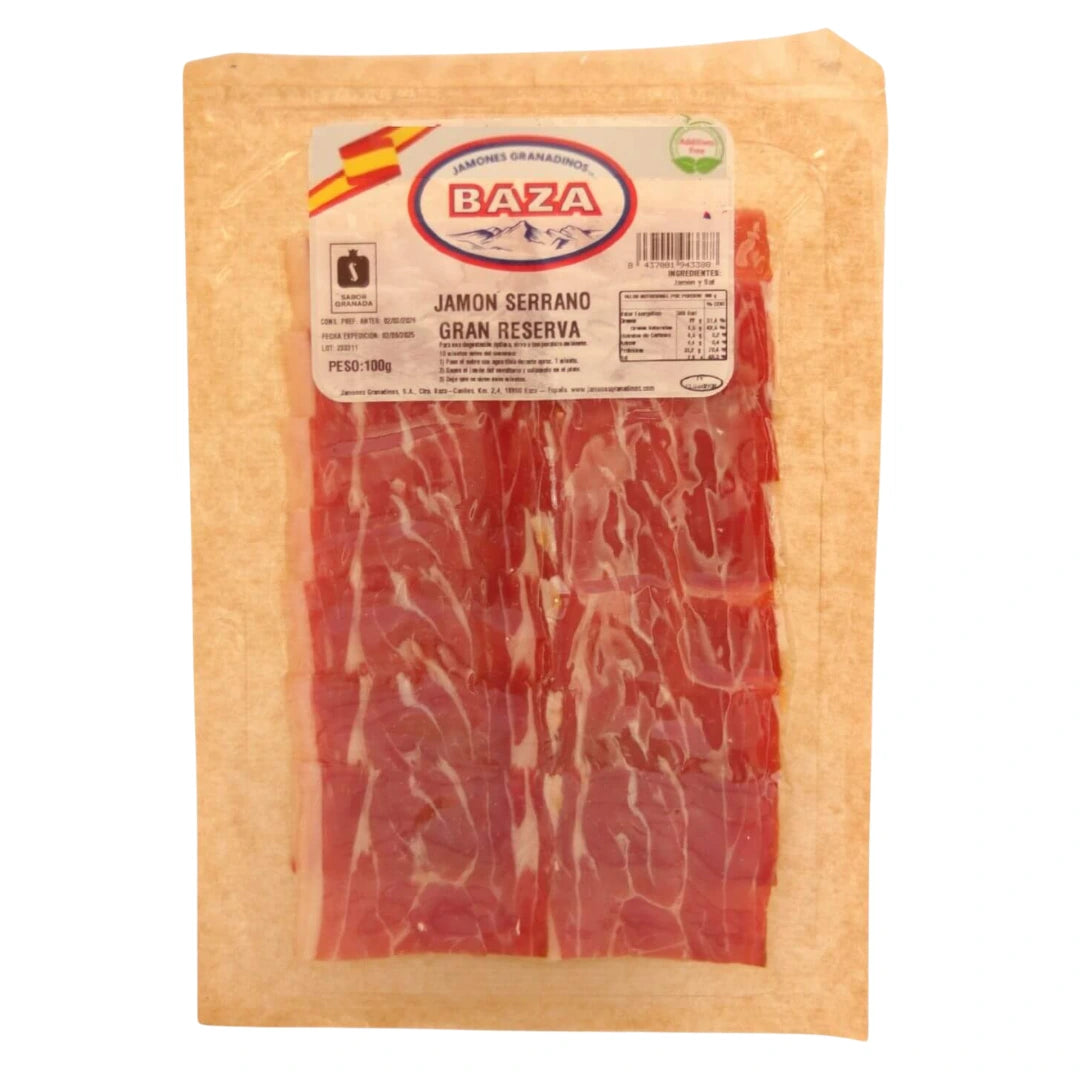 Jamón Serrano Gran Reserva von Jamones Granadinos Baza, aufgeschnitten und vakuumverpackt, 100 g, ohne Zusatzstoffe, aus Granada, Andalusien