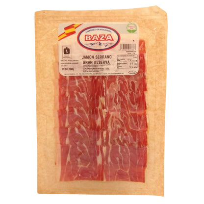 Jamón Serrano Gran Reserva von Jamones Granadinos Baza, aufgeschnitten und vakuumverpackt, 100 g, ohne Zusatzstoffe, aus Granada, Andalusien