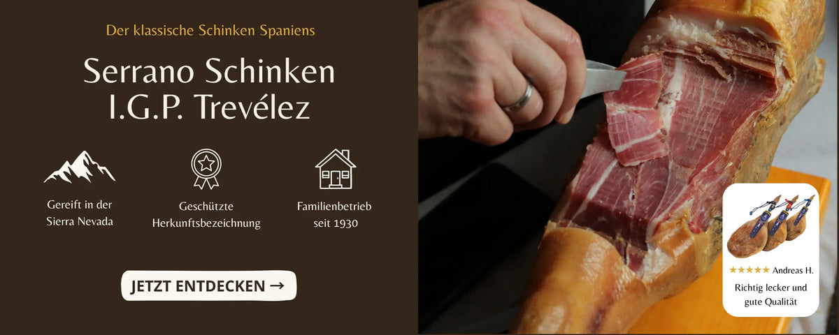 Jamon Serrano IGP Trevelez handgeschnitten aus der Sierra Nevada Spanien