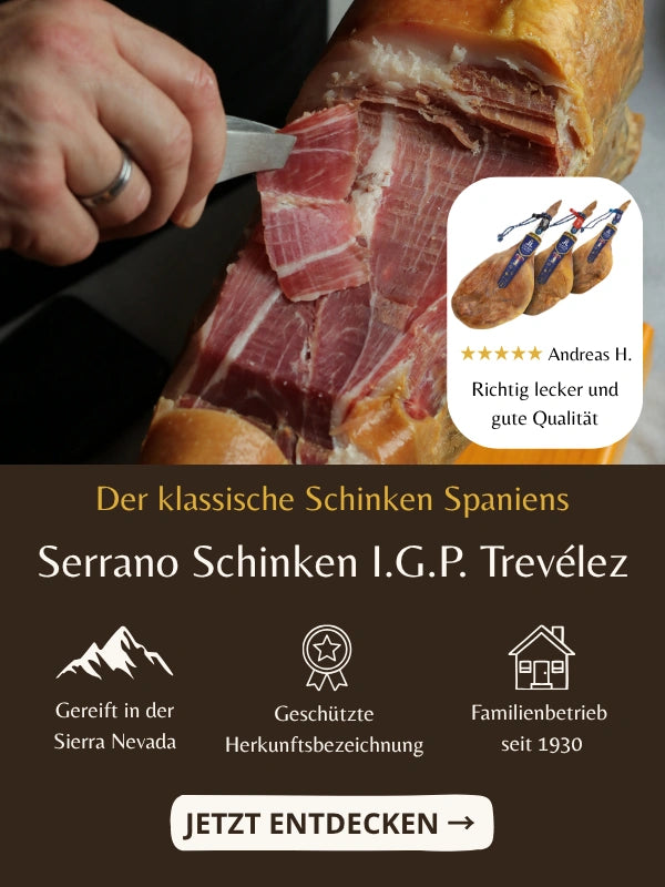 Spanischer Serrano Schinken IGP Trevelez wird von Hand aufgeschnitten