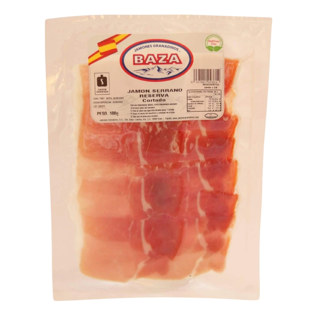 Jamón Serrano Reserva von Jamones Granadinos Baza, aufgeschnitten und vakuumverpackt, 100 g, nur Schinken und Salz, ohne Zusatzstoffe, aus Granada