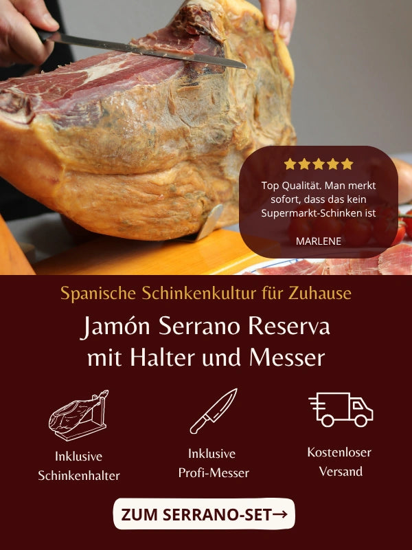 Jamón Serrano Reserva Set mit Halter aus massivem Holz und Arcos-Profimesser, sofort bereit zum Aufschneiden, kostenloser Versand, mit Kundenbewertung