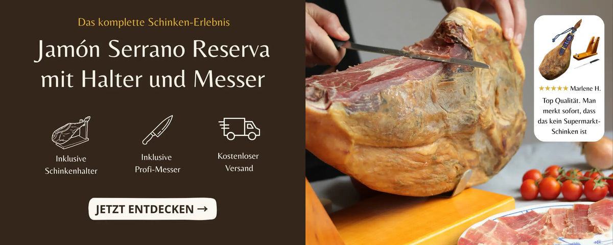 Jamon Schinken Set mit Schinkenhalter und Profi Messer aus Spanien handgeschnitten.