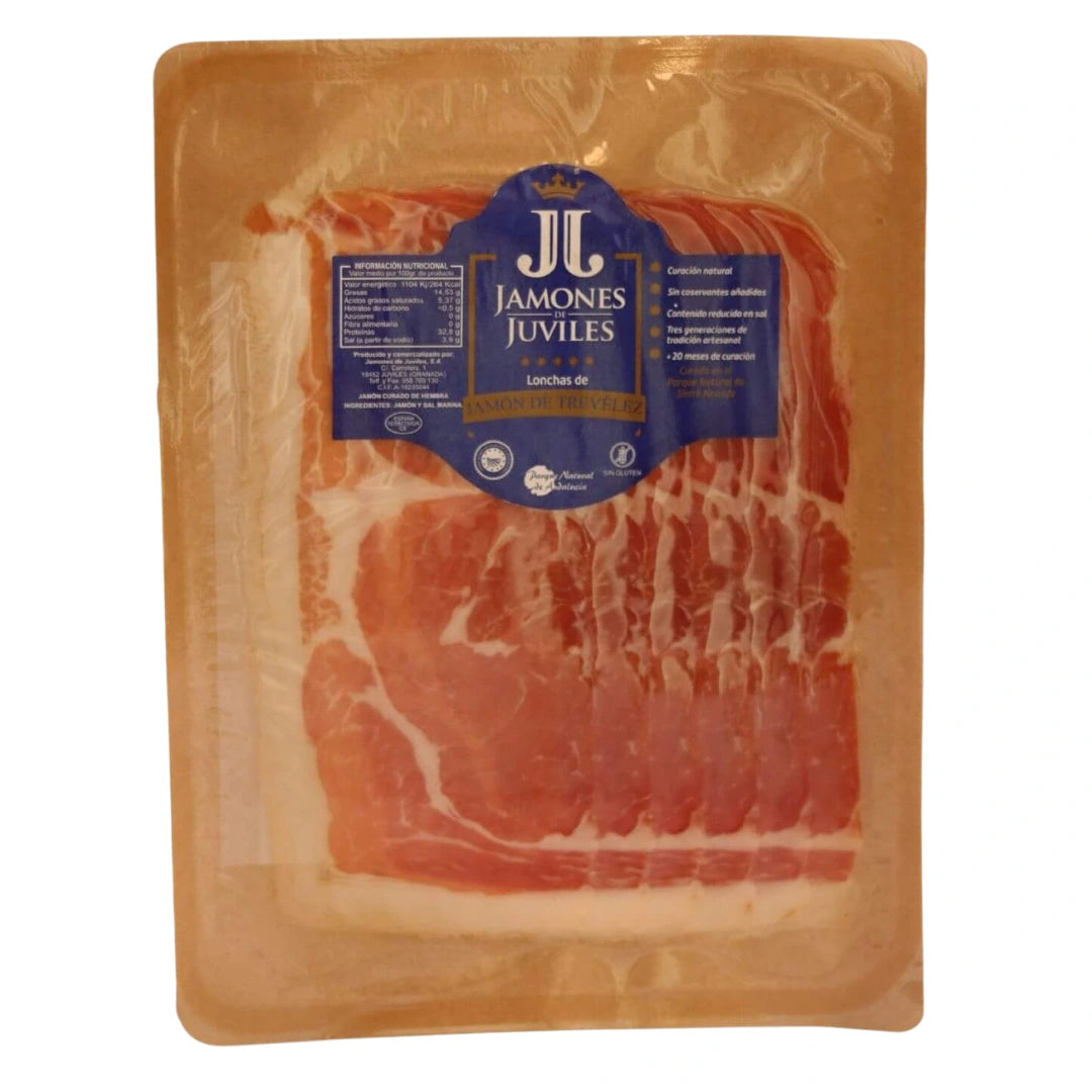 Jamón de Trevélez in Scheiben, über 20 Monate gereift, ohne Konservierungsstoffe, salzreduziert – von Jamones de Júviles aus dem Parque Natural de Sierra Nevada