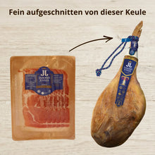 Jamón de Trevélez von Jamones de Júviles – aufgeschnittene Packung und ganze Keule im Vergleich, über 20 Monate gereift, I.G.P. Trevélez
