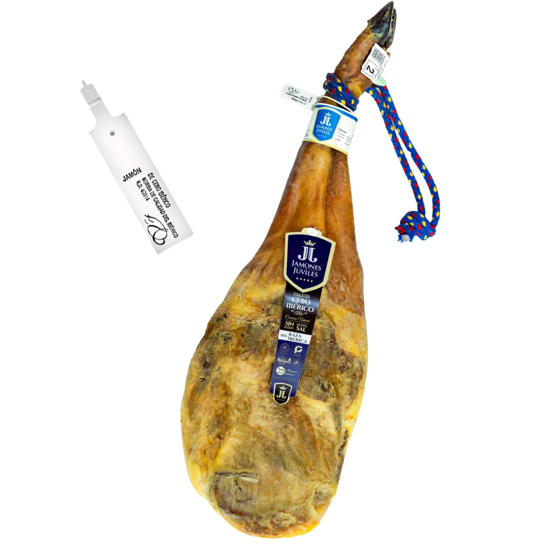 Paleta de Cebo Ibérico 50% Raza Ibérica von Jamones de Júviles – ganze Vorderschinkenkeule, ohne Salzzusatz, Naturreifung in der Sierra Nevada, aus Granada