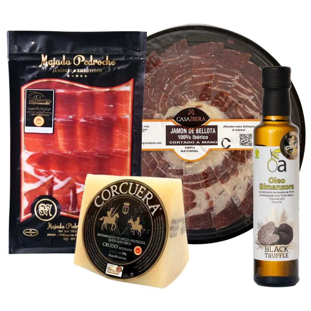 La Bellota Präsentkorb – Pata Negra Bellota 100% D.O.P. Los Pedroches, handgeschnitten von Casa Íbera, Manchego Crudo D.O.P. Corcuera und Trüffelöl Oleo Almanzora