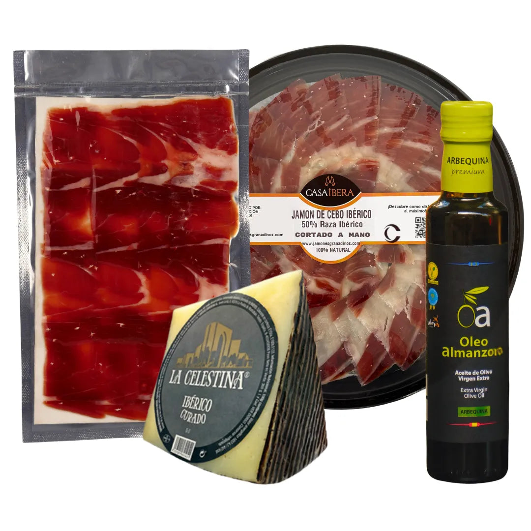 La Ibérica Präsentkorb – Jamón Ibérico Cebo loncheado, handgeschnitten von Casa Íbera, Ibérico Curado Käse und Arbequina Olivenöl von Oleo Almanzora