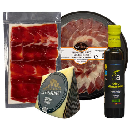 La Ibérica Präsentkorb – Jamón Ibérico Cebo loncheado, handgeschnitten von Casa Íbera, Ibérico Curado Käse und Arbequina Olivenöl von Oleo Almanzora