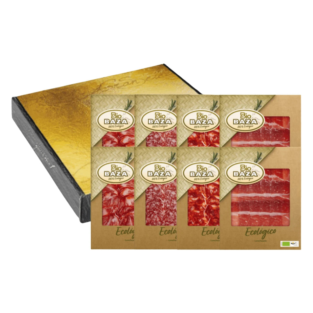 100% BIO Ibérico Geschenkbox von La Tradición – 8 x 100 g Bio Baza Selección: Jamón, Lomo, Chorizo und Salchichón Ibérico Ecológico, in goldener Geschenkbox
