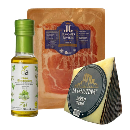 La Pequeña Präsentkorb von La Tradición – Jamón de Trevélez I.G.P. von Jamones de Júviles, Ibérico Curado La Celestina und Basilikum-Olivenöl von Oleo Almanzora