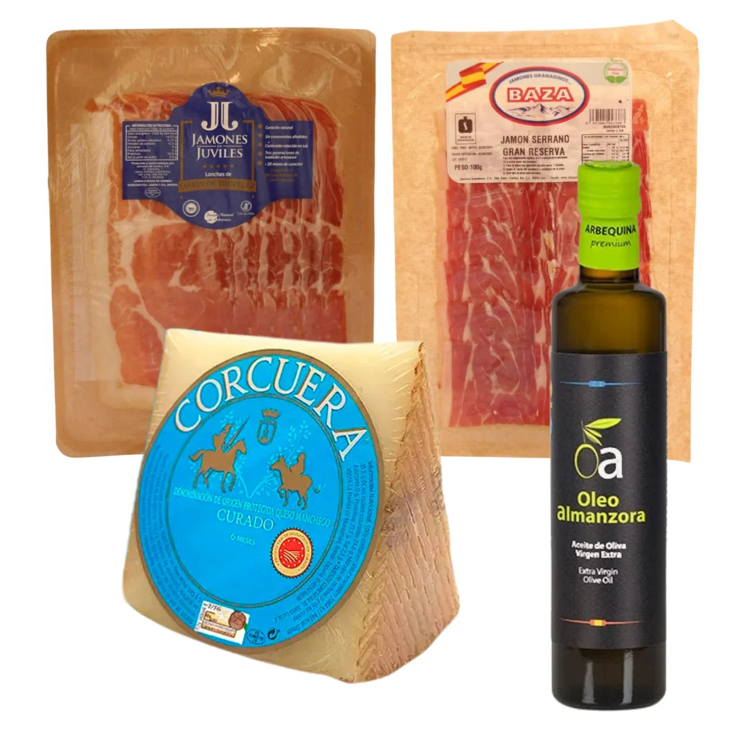 La Serrana Präsentkorb von La Tradición – Manchego Curado D.O.P. Corcuera, Jamón de Trevélez I.G.P. Júviles, Jamón Serrano Gran Reserva Baza und Arbequina Olivenöl von Oleo Almanzora