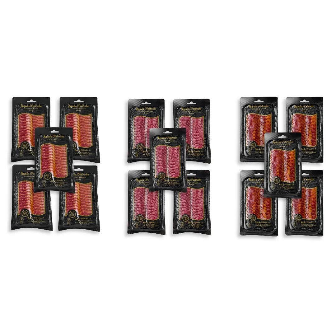 Ibérico Bellota Aufschnitt-Box von La Tradición – 15 x 100 g Majada Pedroche D.O.P. Los Pedroches: Jamón, Salchichón und Chorizo Ibérico de Bellota