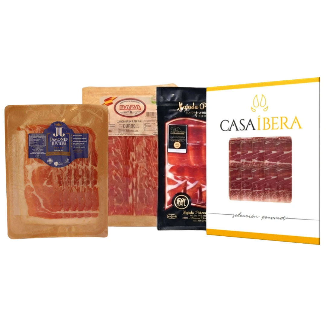 Jamón Tasting Set von La Tradición – 4 x 100 g: Trevélez I.G.P. Júviles, Duroc Gran Reserva Baza, Ibérico Bellota Majada Pedroche und Ibérico Cebo Casa Íbera, 17–36 Monate gereift
