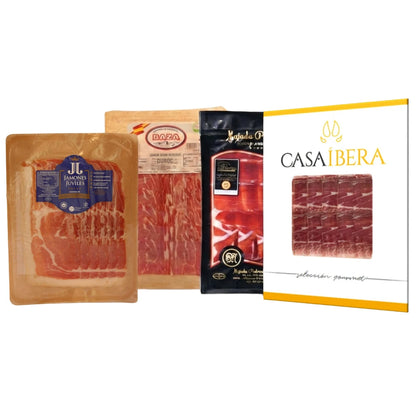 Jamón Tasting Set von La Tradición – 4 x 100 g: Trevélez I.G.P. Júviles, Duroc Gran Reserva Baza, Ibérico Bellota Majada Pedroche und Ibérico Cebo Casa Íbera, 17–36 Monate gereift