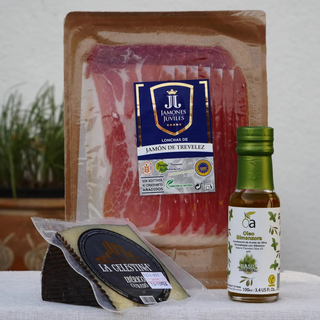 La Pequeña Präsentkorb von La Tradición – Jamón de Trevélez I.G.P. Júviles, Ibérico Curado La Celestina und Basilikum-Olivenöl Oleo Almanzora, 100 ml