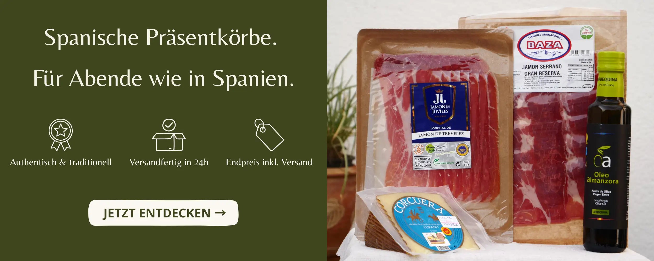 Spanische Präsentkörbe von La Tradición – Jamón de Trevélez, Jamón Serrano Gran Reserva, Manchego Curado D.O.P. und Arbequina Olivenöl