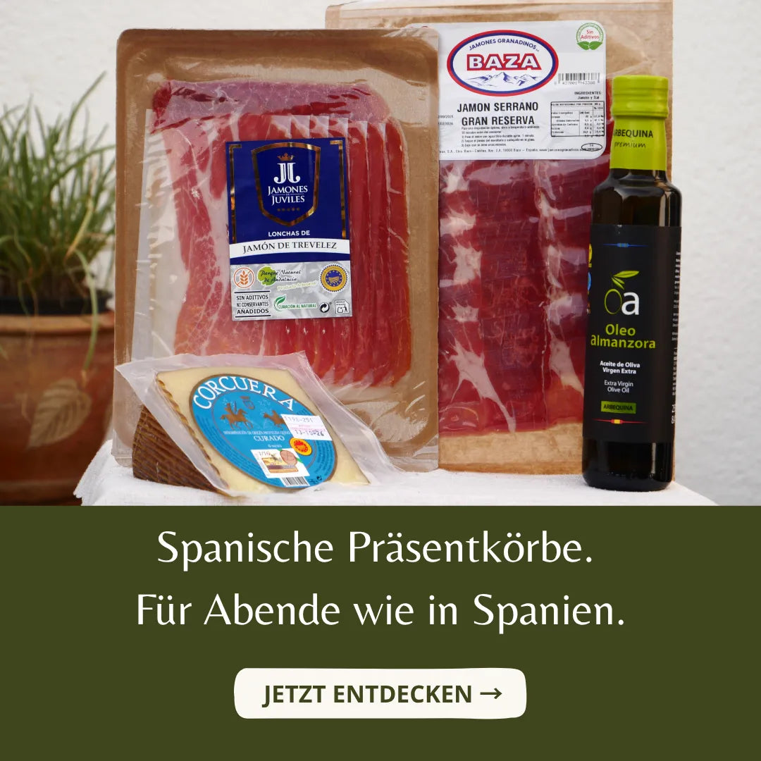 Spanische Präsentkörbe von La Tradición – Jamón de Trevélez, Jamón Serrano Gran Reserva, Manchego Curado D.O.P. und Arbequina Olivenöl