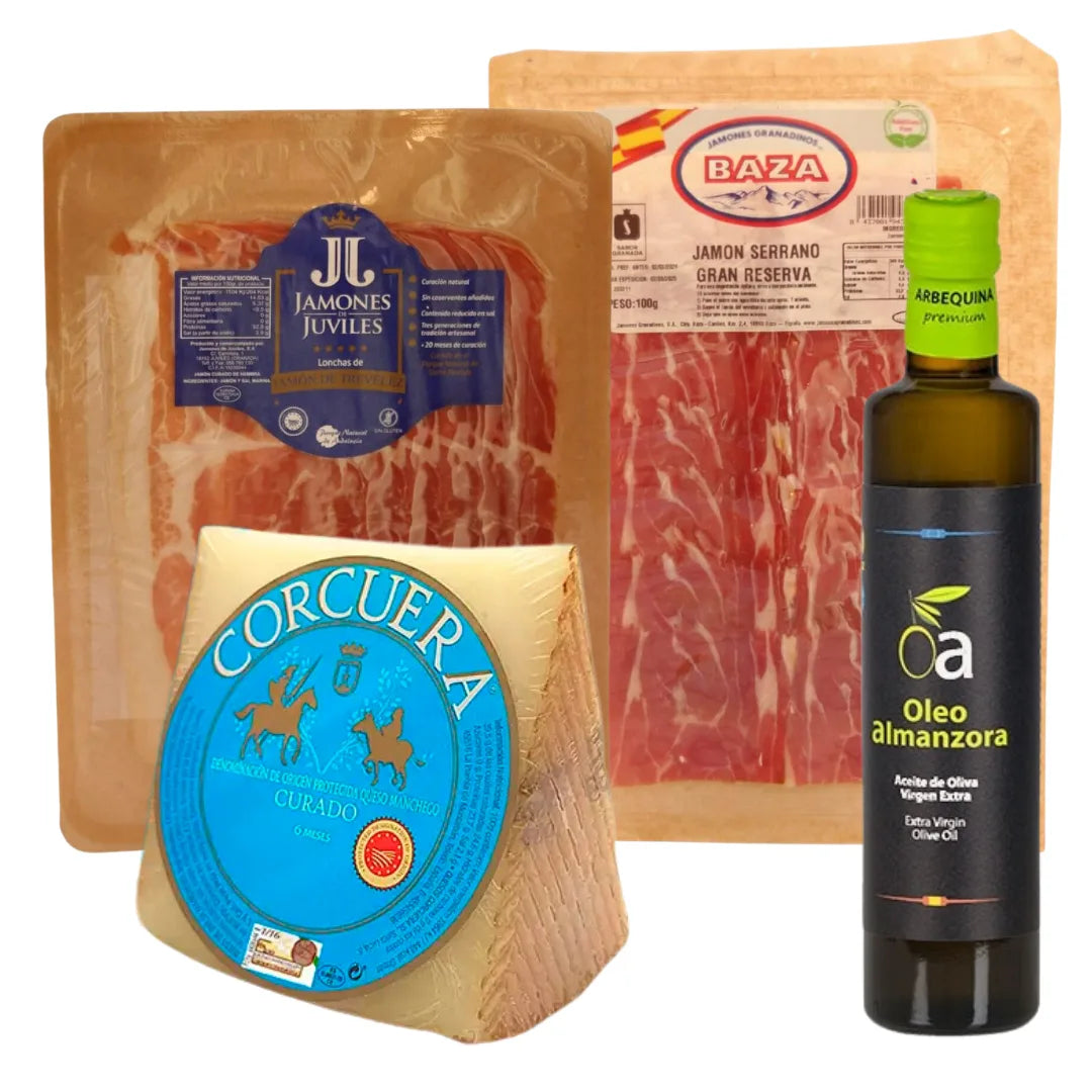 La Serrana Präsentkorb von La Tradición – Manchego Curado D.O.P. Corcuera, Jamón de Trevélez I.G.P. Júviles, Jamón Serrano Gran Reserva Baza und Arbequina Olivenöl Oleo Almanzora