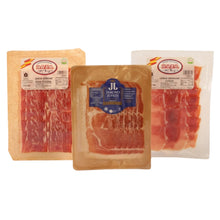 Serrano Tasting Set von La Tradición – 3 x 100 g: Jamón Serrano Gran Reserva Baza, Trevélez I.G.P. Júviles und Jamón Serrano Curado Baza, 14–24 Monate gereift