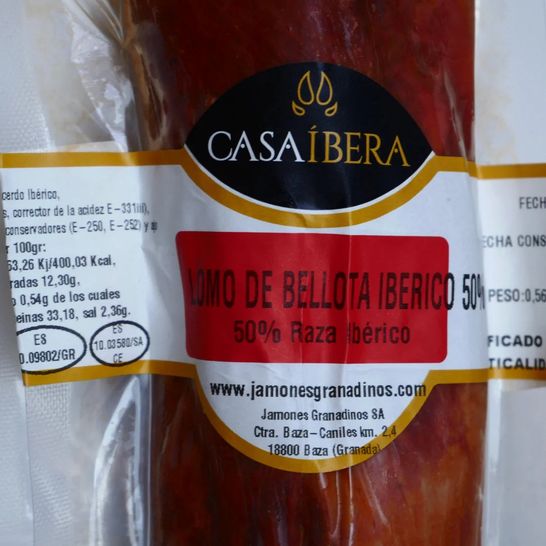 Etikett Lomo de Bellota Iberico 50 Prozent von Casa Ibera mit Herkunft und Naehrwerten