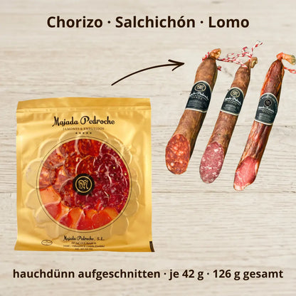 Aufschnitt-Set Chorizo, Salchichón und Lomo von Majada Pedroche – hauchdünn aufgeschnitten, je 42 g, 126 g gesamt – La Tradición