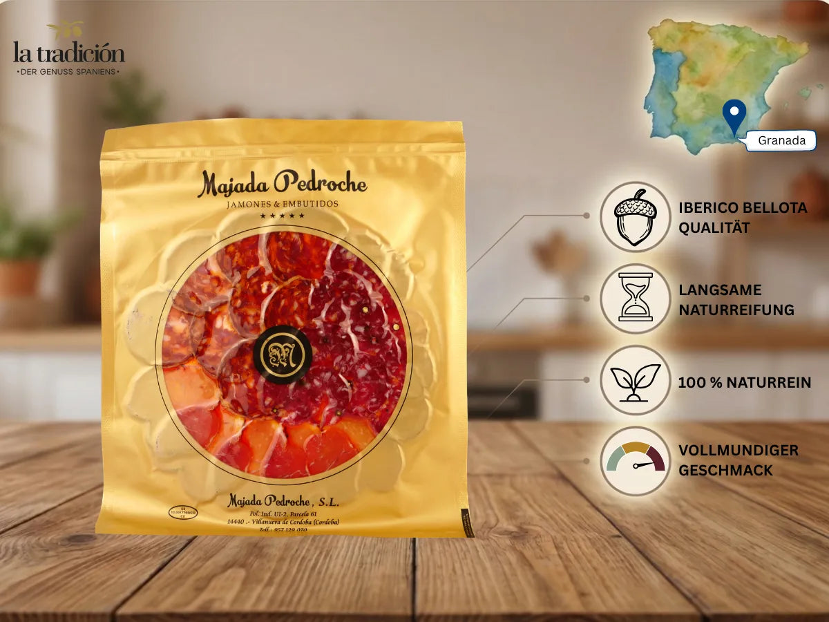 Ibérico Bellota Aufschnitt-Set von Majada Pedroche aus Granada – Bellota-Qualität, langsame Naturreifung, 100% naturrein, vollmundiger Geschmack – La Tradición