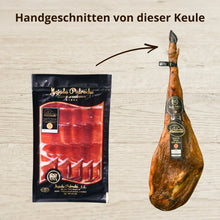 Jamón de Bellota 100% Ibérico D.O.P. Los Pedroches von Majada Pedroche – Packung und ganze Keule im Vergleich, handgeschnitten