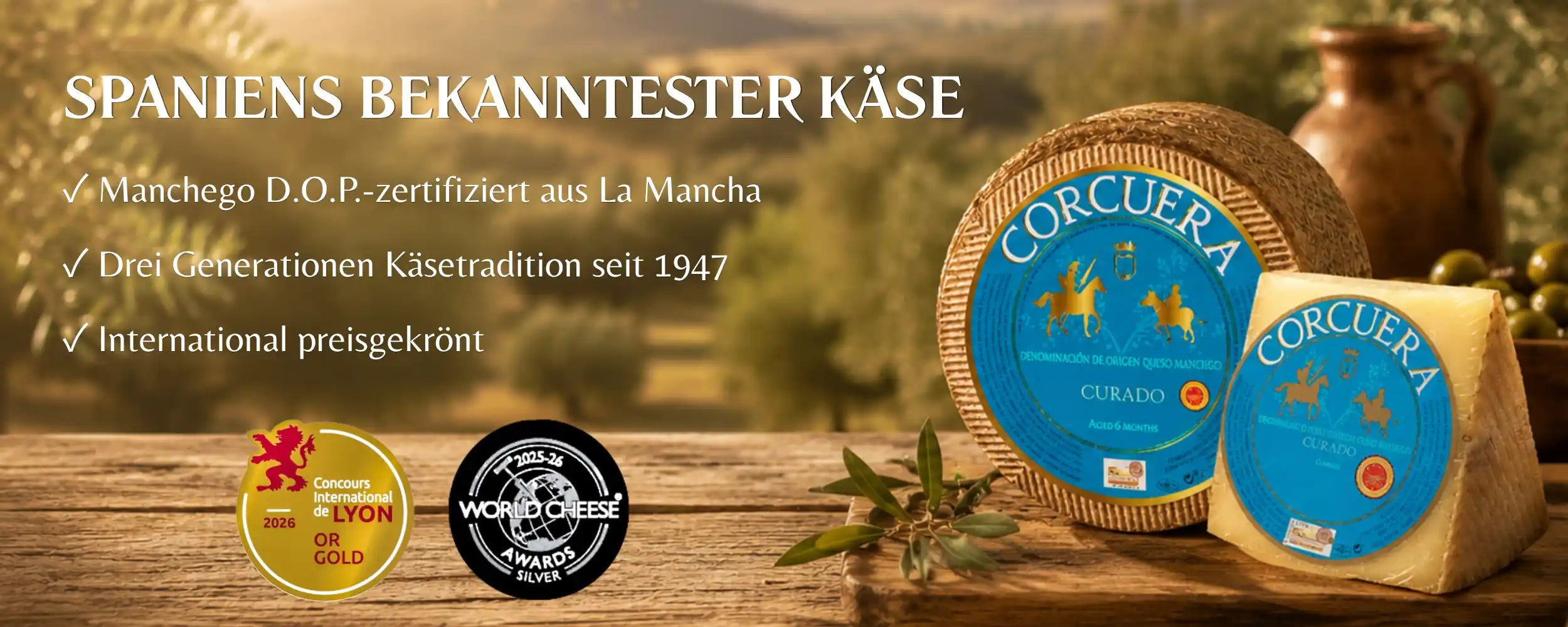 Manchego D.O.P. Curado von Quesos Corcuera, Familienbetrieb seit 1947, preisgekrönt aus La Mancha, La Tradición
