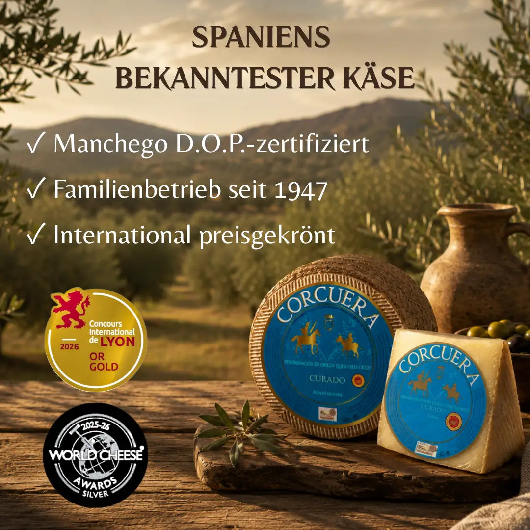 Manchego D.O.P. Curado von Quesos Corcuera, Familienbetrieb seit 1947, preisgekrönt aus La Mancha