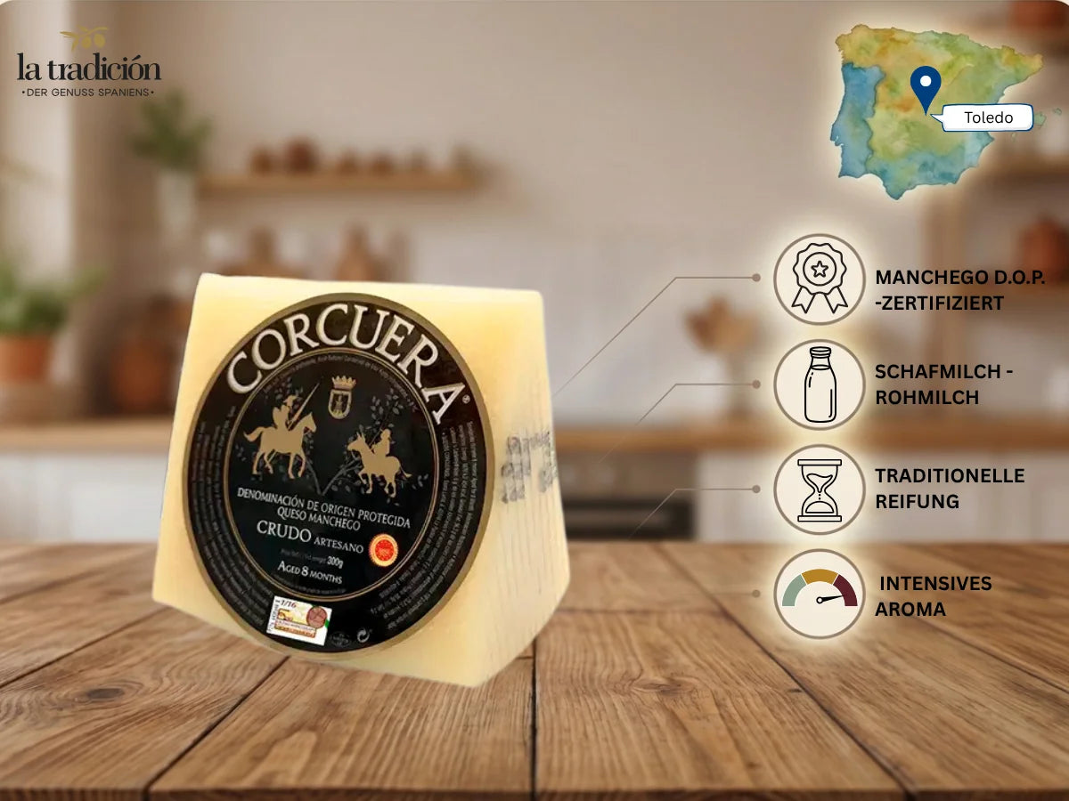 Manchego D.O.P. Crudo Artesano 300g – Schafmilch-Rohmilch, 8 Monate gereift, von Corcuera aus Toledo – La Tradición
