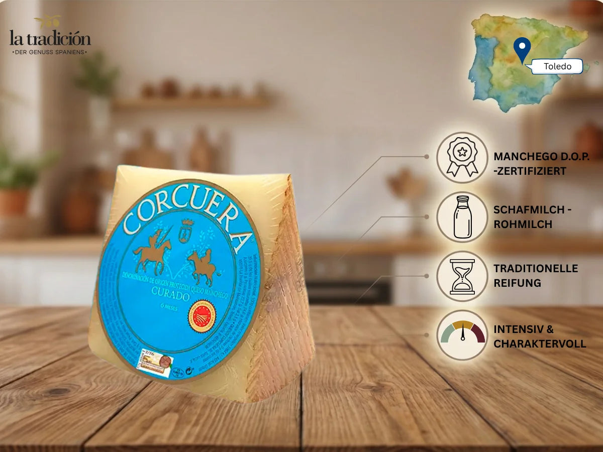 Manchego D.O.P. Curado – Schafmilch-Rohmilch, 6 Monate gereift, intensiv & charaktervoll, von Corcuera aus Toledo – La Tradición