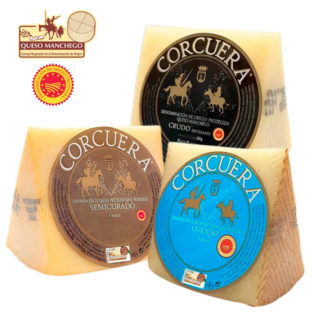 Manchego D.O.P. Sortiment von Corcuera – Semicurado 3 Monate, Curado 6 Monate und Crudo Artesano 8 Monate, aus Toledo für La Tradición