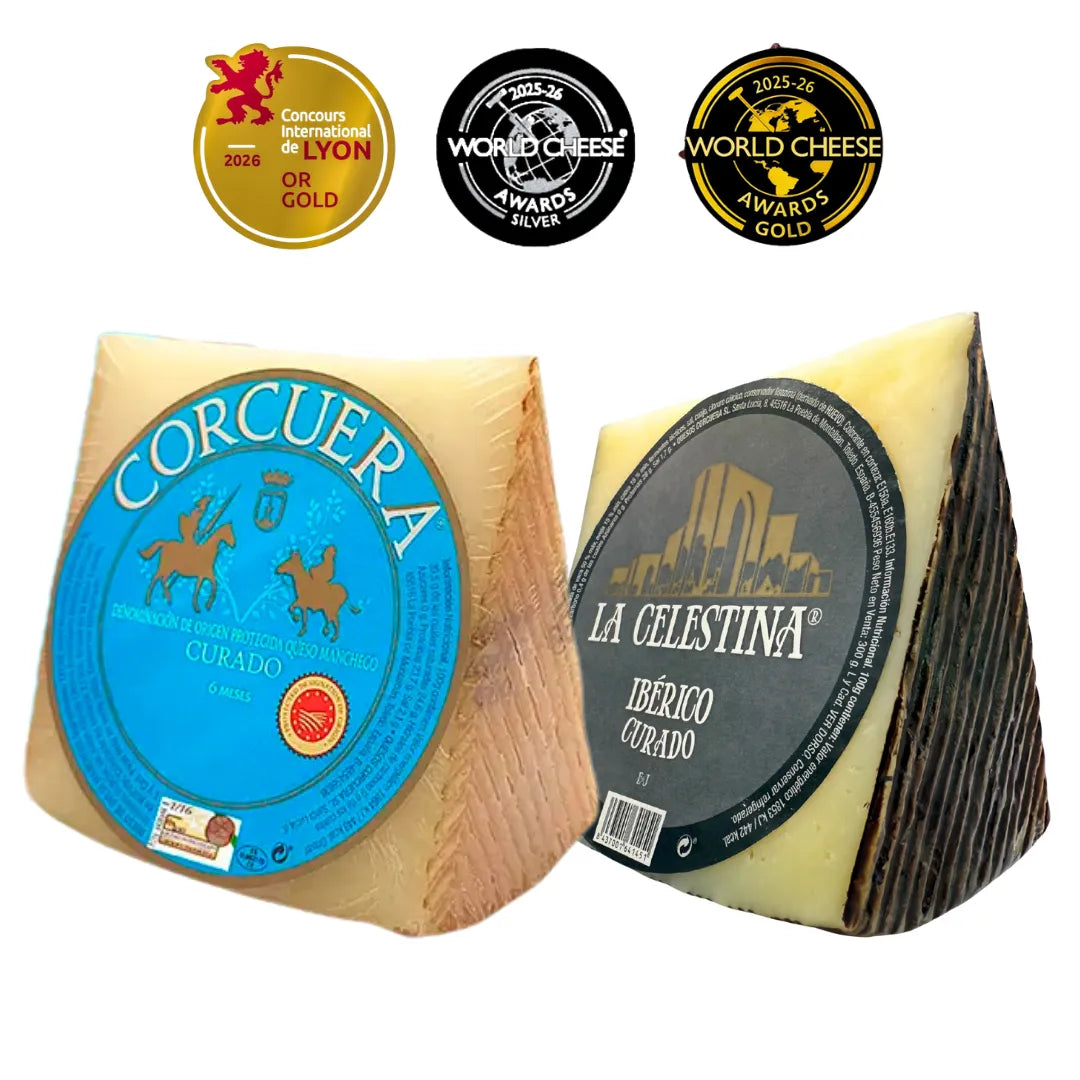 Manchego D.O.P. Curado und Ibérico Curado von Quesos Corcuera, preisgekrönt bei World Cheese Awards und Concours de Lyon, La Tradición